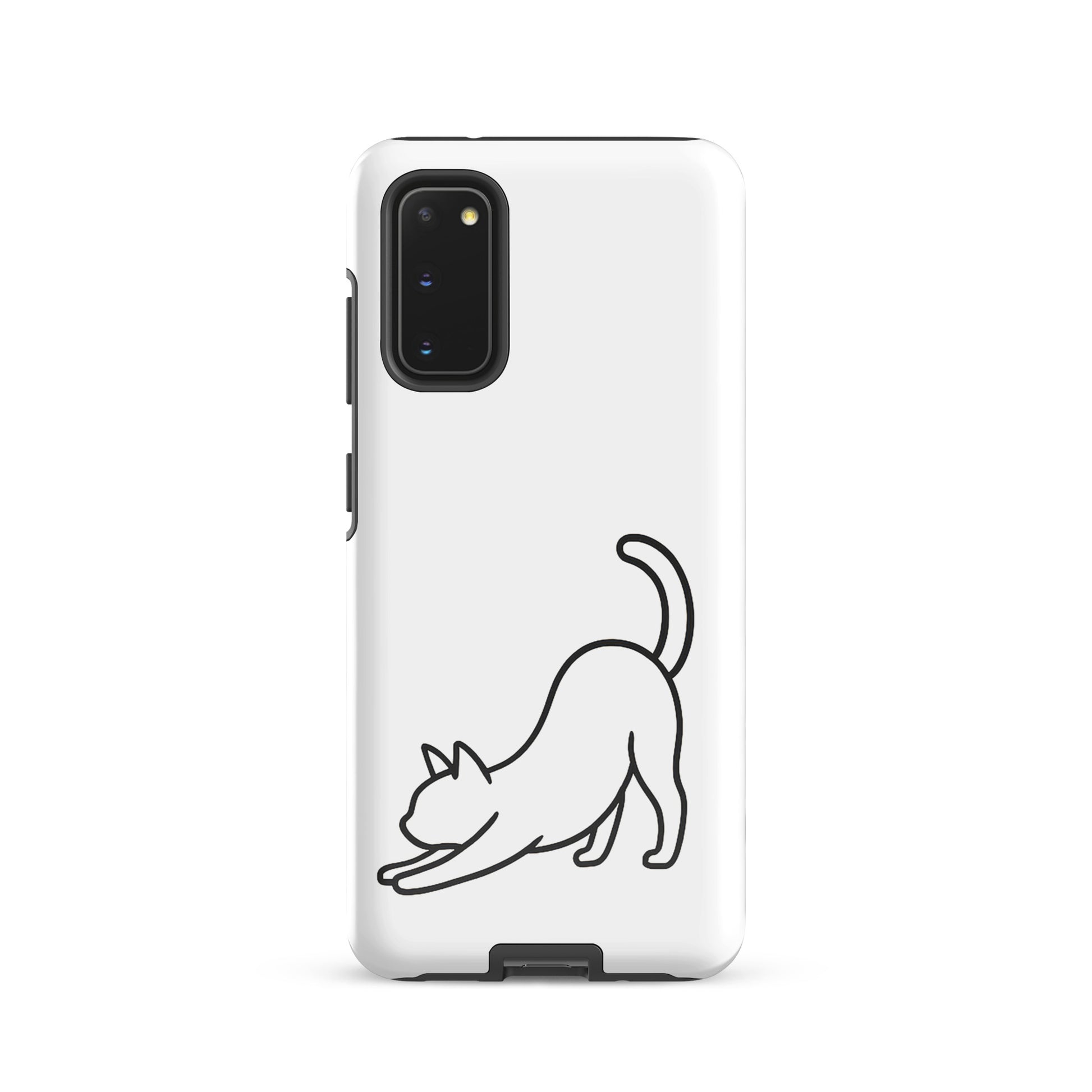 Phone Case for Samsung Galaxy with minimalist stretching cat design in white and black for impact protection.