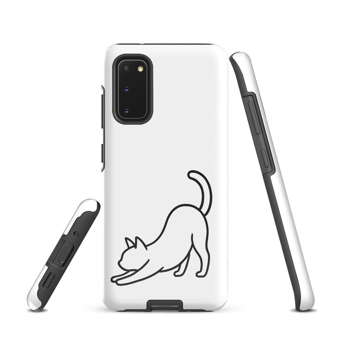 Phone Case for Samsung Galaxy with minimalist stretching cat design in black on white background