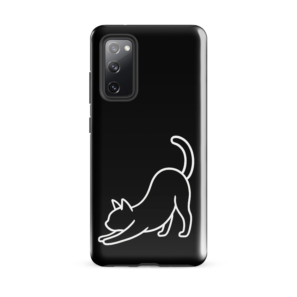 Phone Case for Samsung Galaxy with minimalist stretching cat design in black and white, offering impact protection and feline aesthetics.