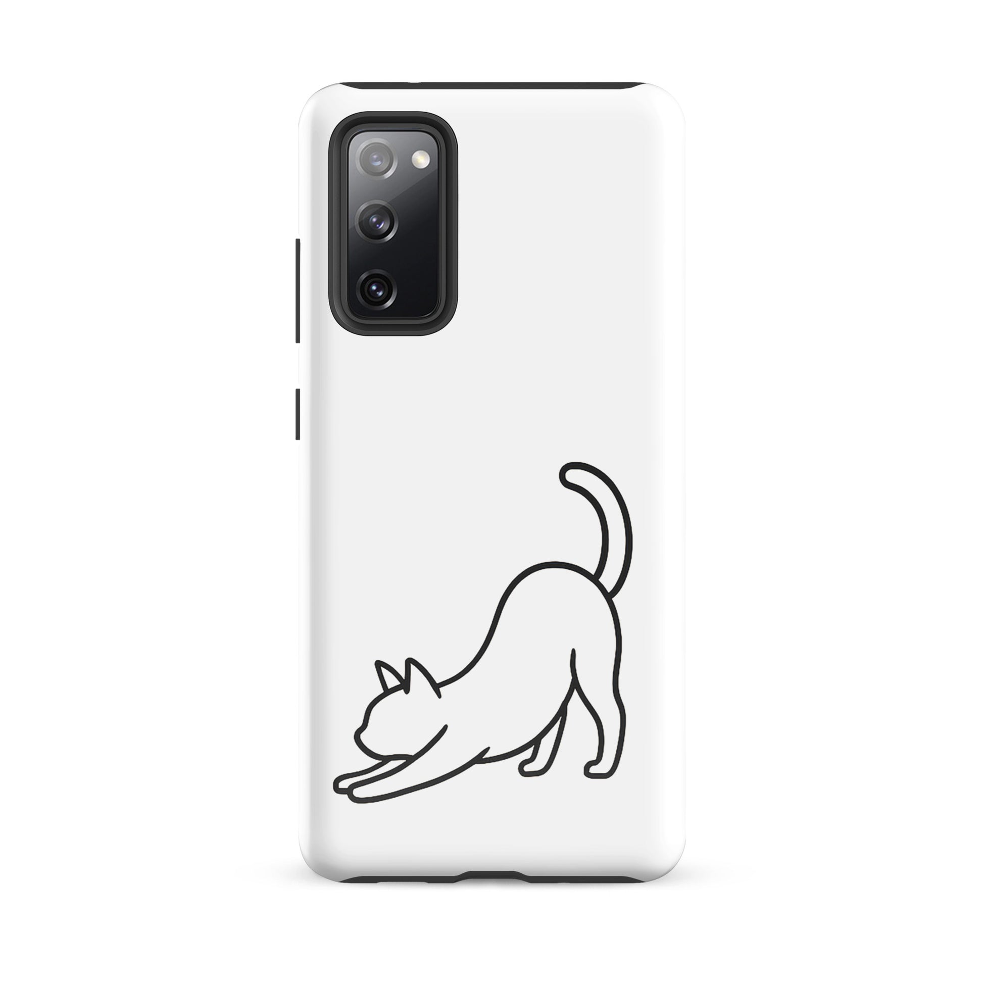 Phone Case for Samsung Galaxy with minimalist stretching cat design in black and white, offering sleek aesthetics and impact protection.
