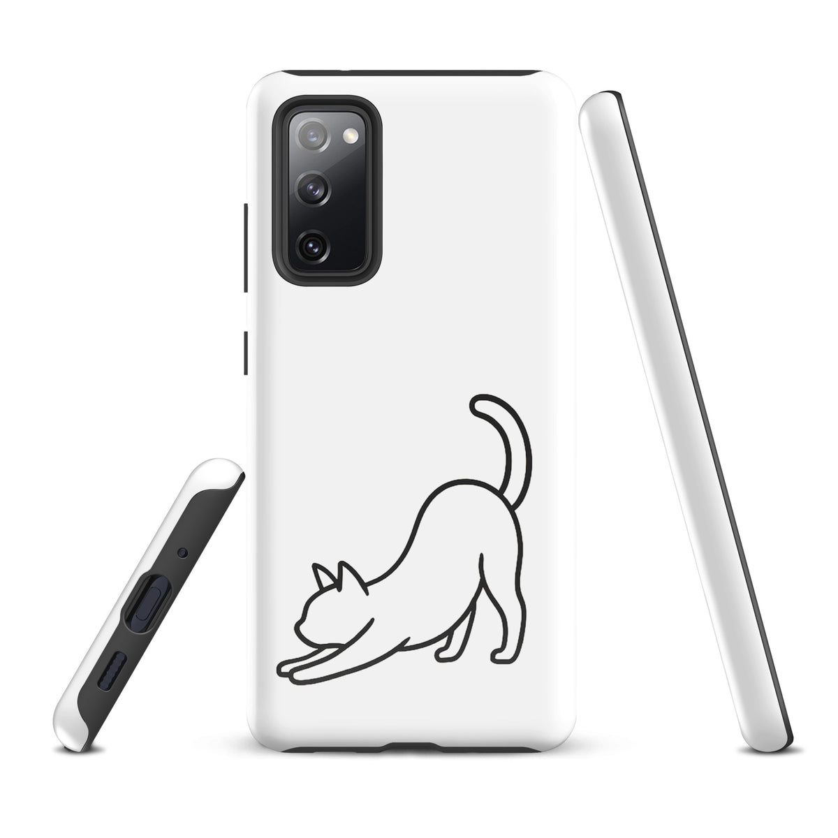 Phone Case for Samsung Galaxy with minimalist stretching cat design in white/black, offering style and impact protection for cat lovers.