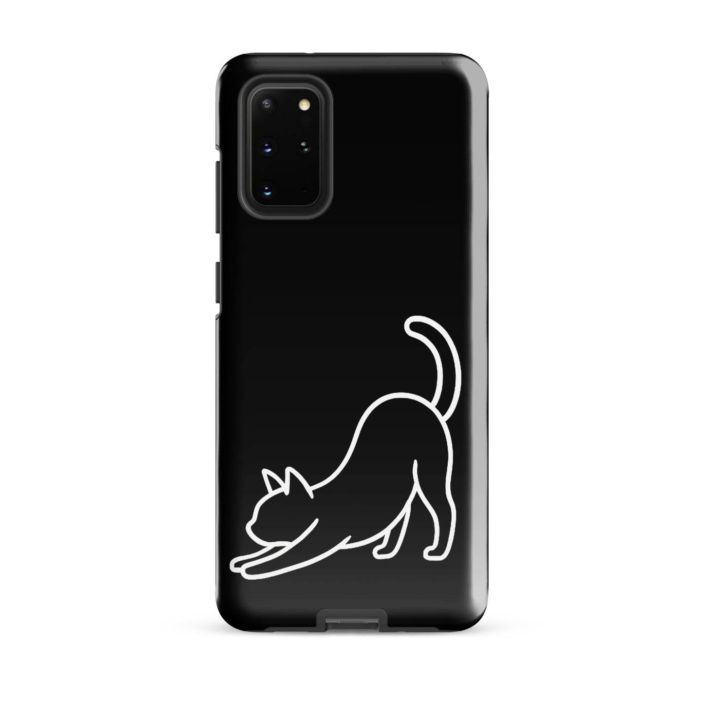 Phone Case for Samsung Galaxy with minimalist stretching cat design in black and white, offering stylish and durable device protection.