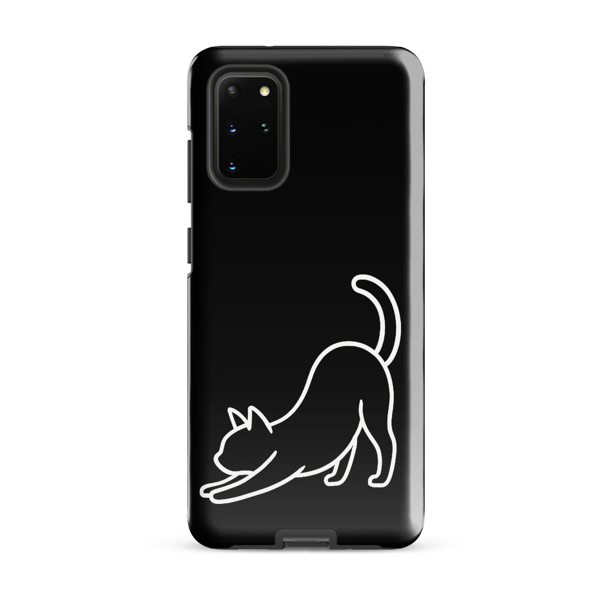Phone Case for Samsung Galaxy with minimalist stretching cat design in black and white, offering stylish and durable device protection.