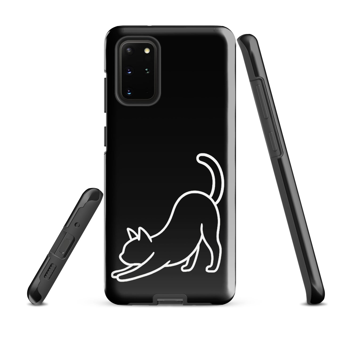 Minimalist black and white Phone Case for Samsung Galaxy featuring stretching cat design, offering aesthetics and impact protection.