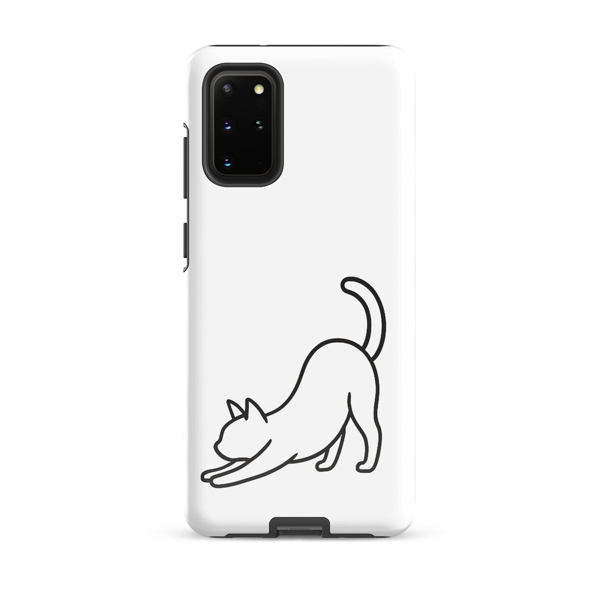 Phone Case for Samsung Galaxy with minimalist stretching cat design in black and white, offering stylish and durable protection.