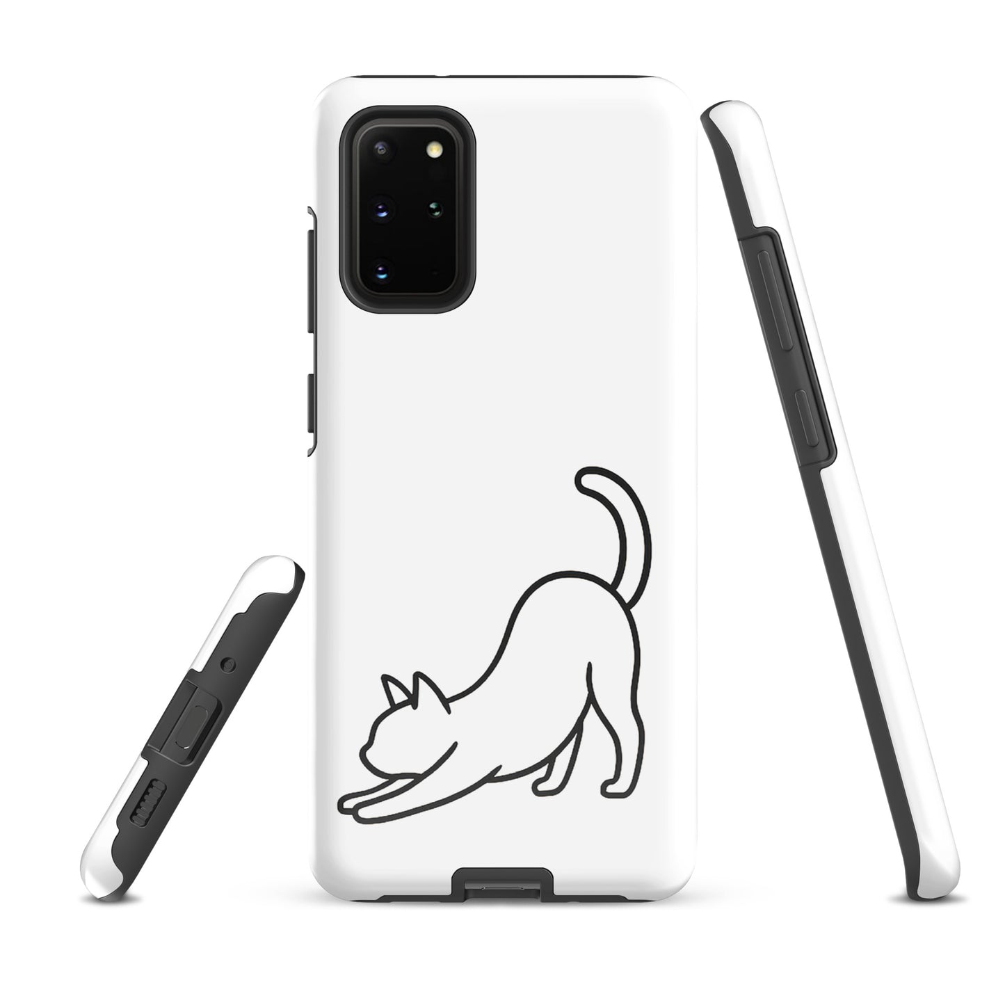 Phone Case for Samsung Galaxy: Minimalist Stretching Cat Design in White and Black, sleek yet protective for cat lovers.