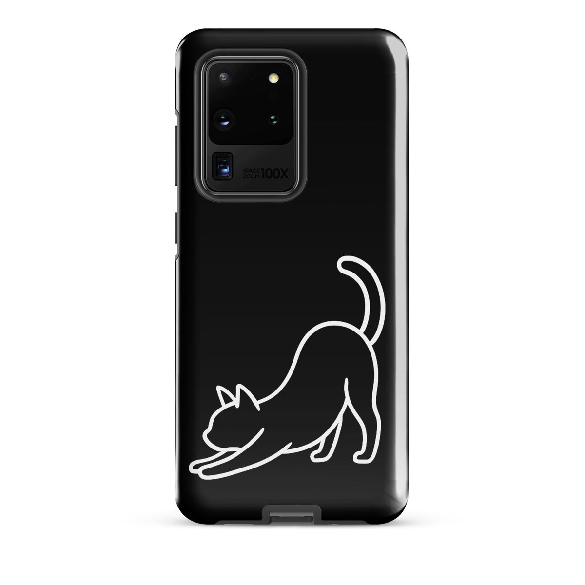 Phone Case for Samsung Galaxy with black and white stretching cat design, minimalist style for cat lovers.