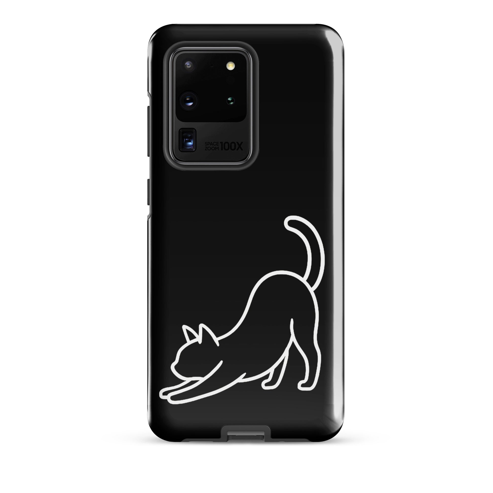 Phone Case for Samsung Galaxy with black and white stretching cat design, minimalist style for cat lovers.