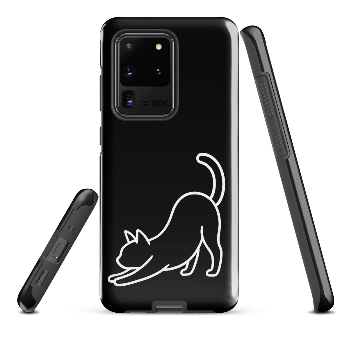 Phone Case for Samsung Galaxy with minimalist stretching cat design in black and white, offering impact protection for cat lovers.