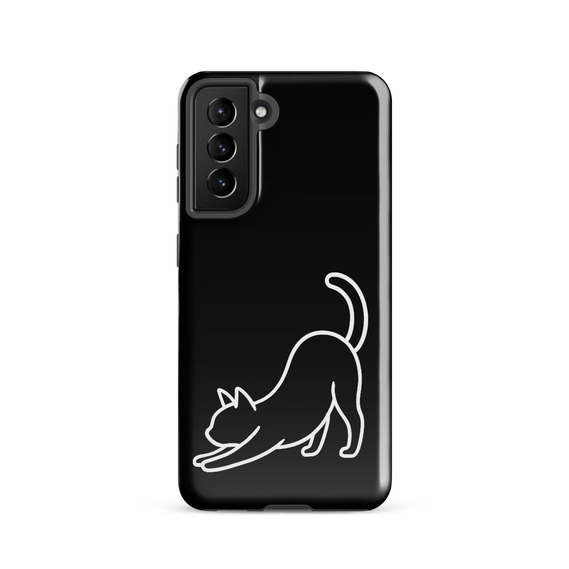 Phone Case for Samsung Galaxy with minimalist stretching cat design in black and white, offering stylish protection for cat lovers.