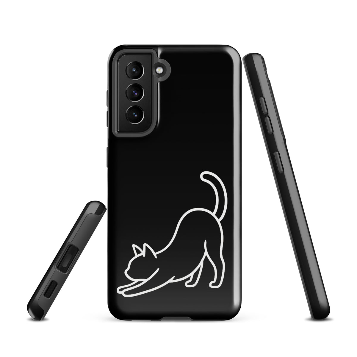 Phone Case for Samsung Galaxy with minimalist stretching cat design in black and white, offering stylish and durable protection.