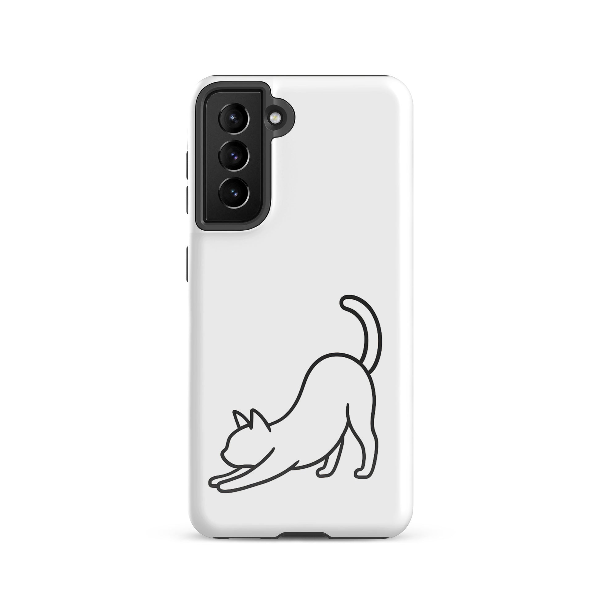 Phone Case for Samsung Galaxy with minimalist stretching cat design in black and white, offering impact protection for cat lovers.