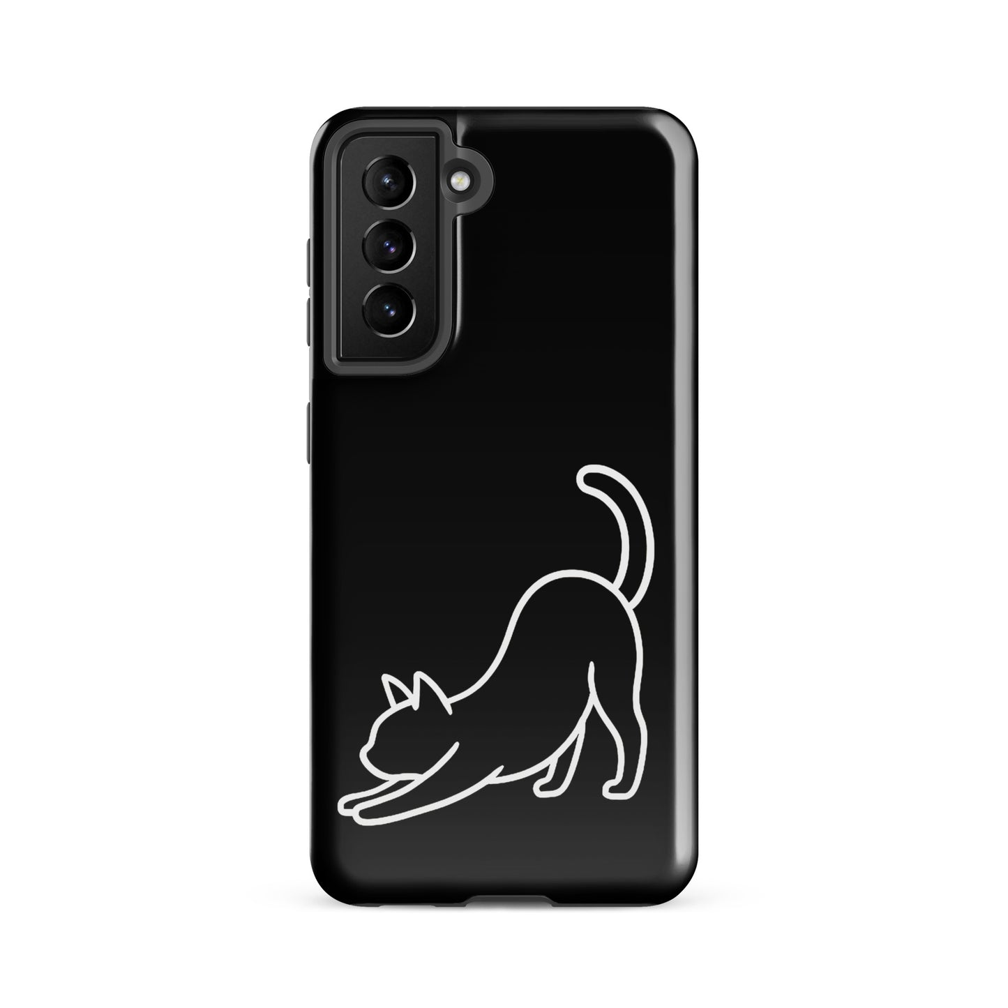 Phone Case for Samsung Galaxy with minimalist cat stretching design, black and white, impact-resistant and sleek for cat lovers.