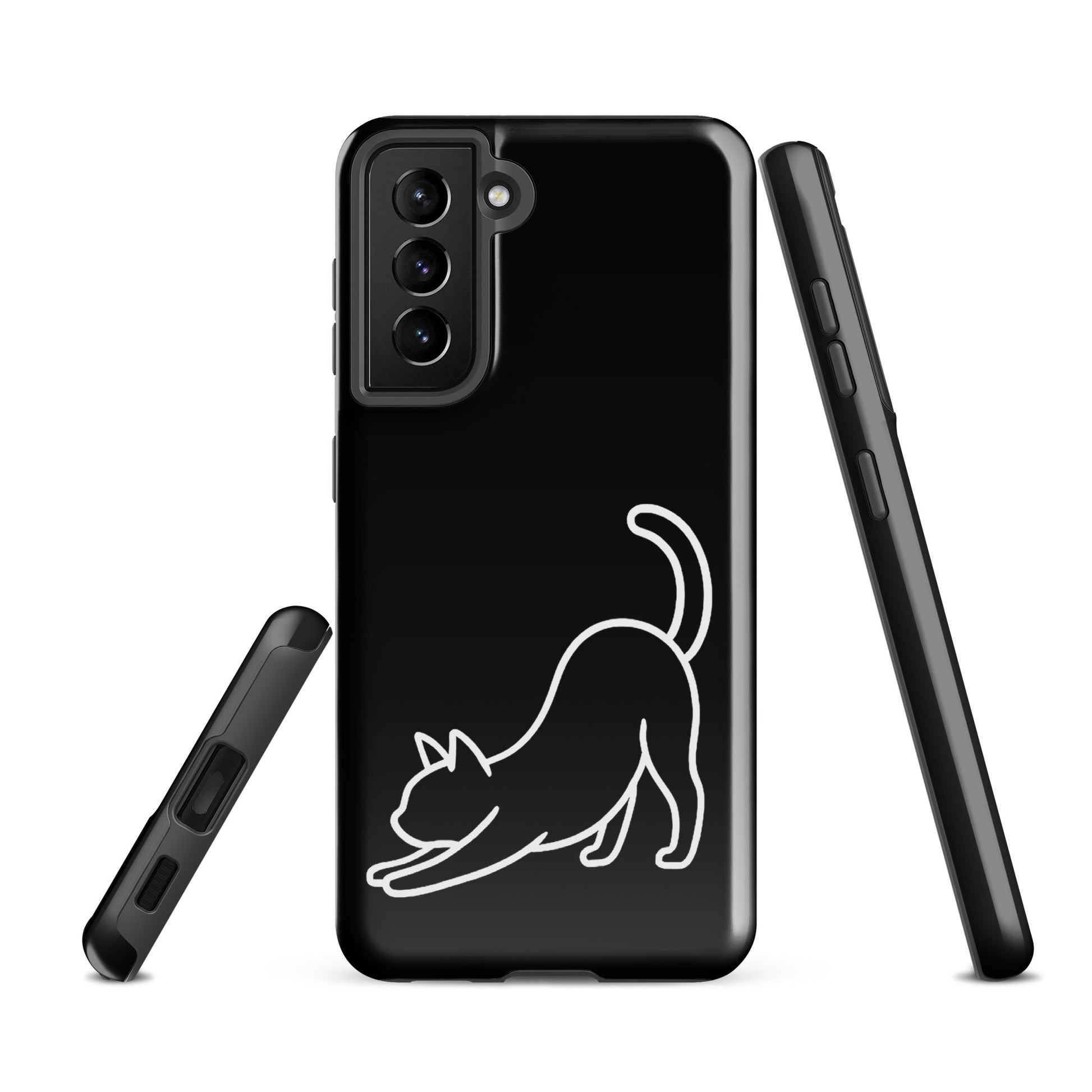 Phone Case for Samsung Galaxy with minimalist stretching cat design in black/white, offering stylish protection for cat lovers.
