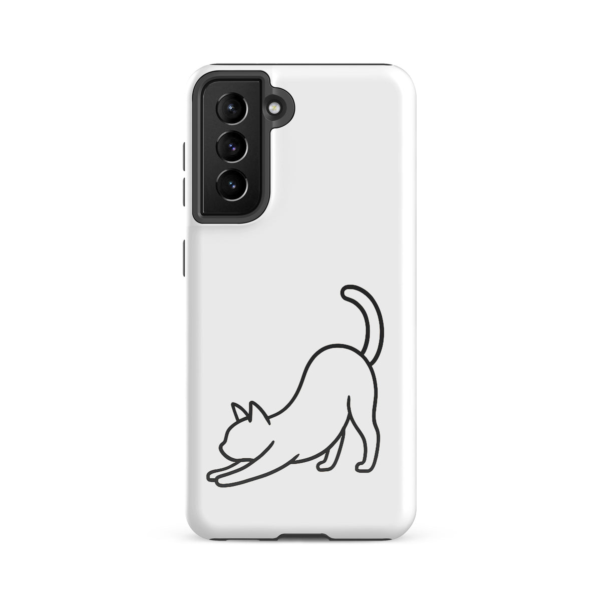 Phone Case for Samsung Galaxy with minimalist stretching cat design in white and black, offering style and impact protection.