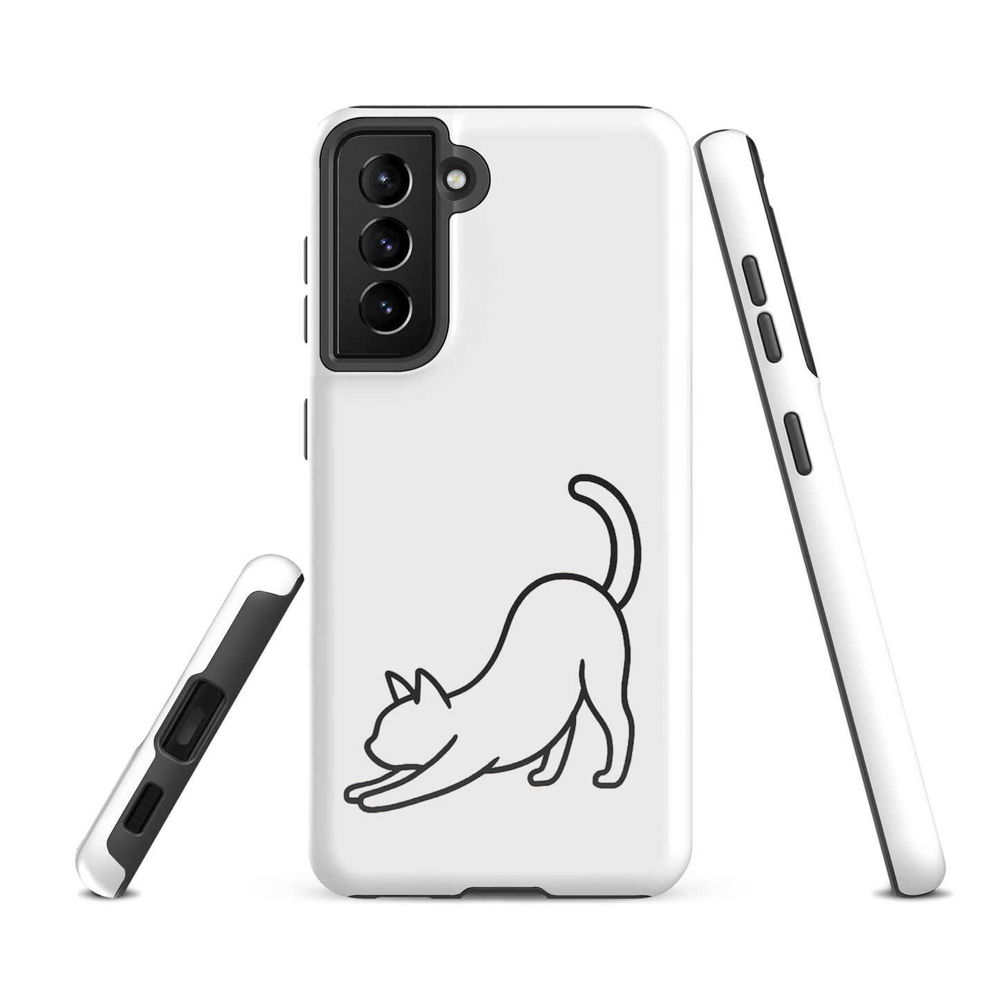 Phone Case for Samsung Galaxy with minimalist stretching cat design in black and white, offering impact protection and sleek aesthetics.
