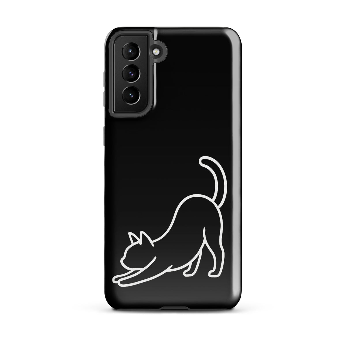 Phone Case for Samsung Galaxy with minimalist stretching cat design in black and white, offering impact protection and sleek aesthetics.