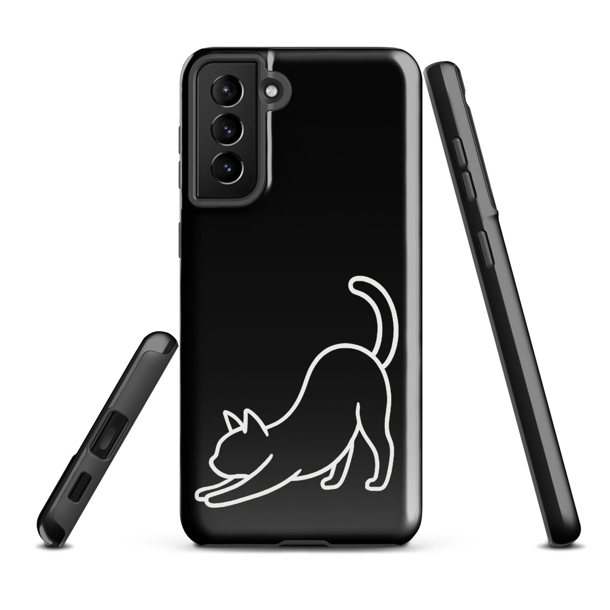 Phone Case for Samsung Galaxy with minimalist stretching cat design in black and white, offering stylish protection for cat lovers.