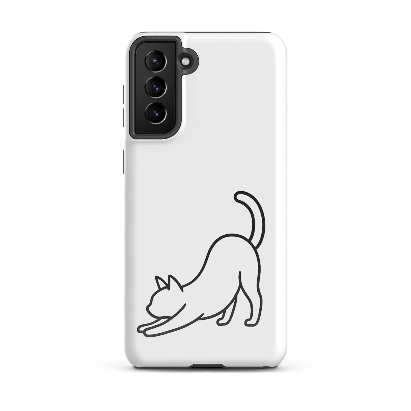 Phone Case for Samsung Galaxy with minimalist stretching cat design in white and black, offering stylish protection.