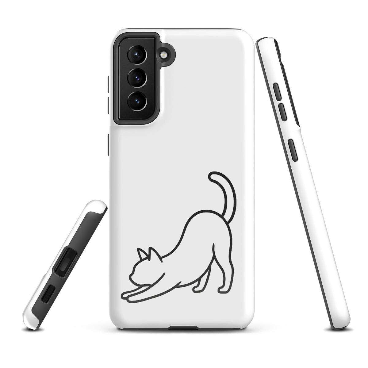 Phone Case with minimalist stretching cat design for Samsung Galaxy, featuring protective and stylish white/black feline aesthetics.