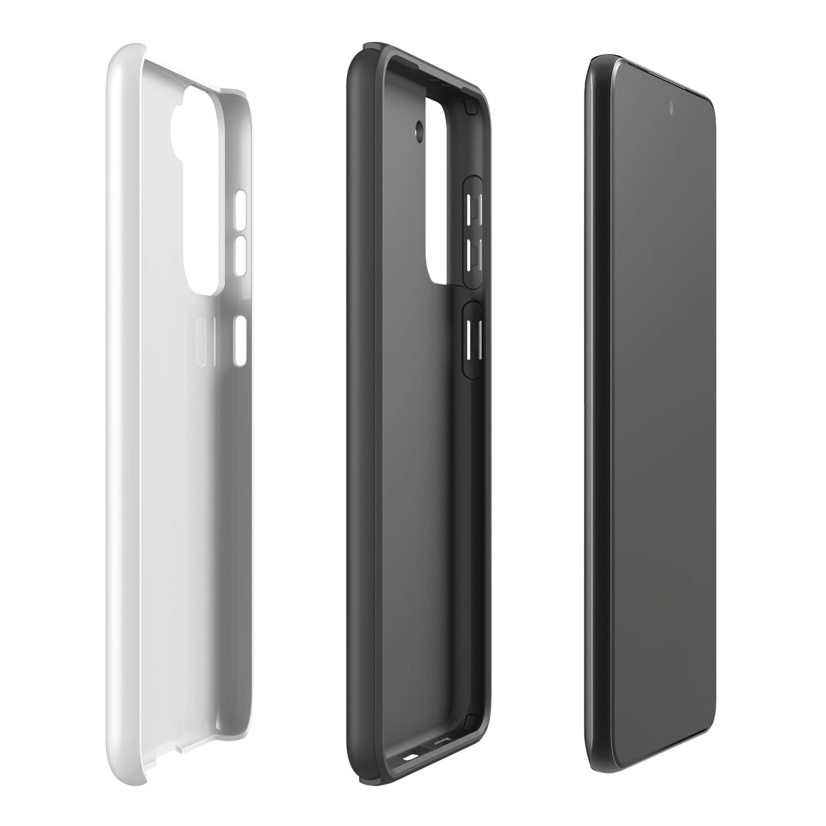 Phone Case for Samsung Galaxy with minimalist stretching cat design, front and back view in white and black.