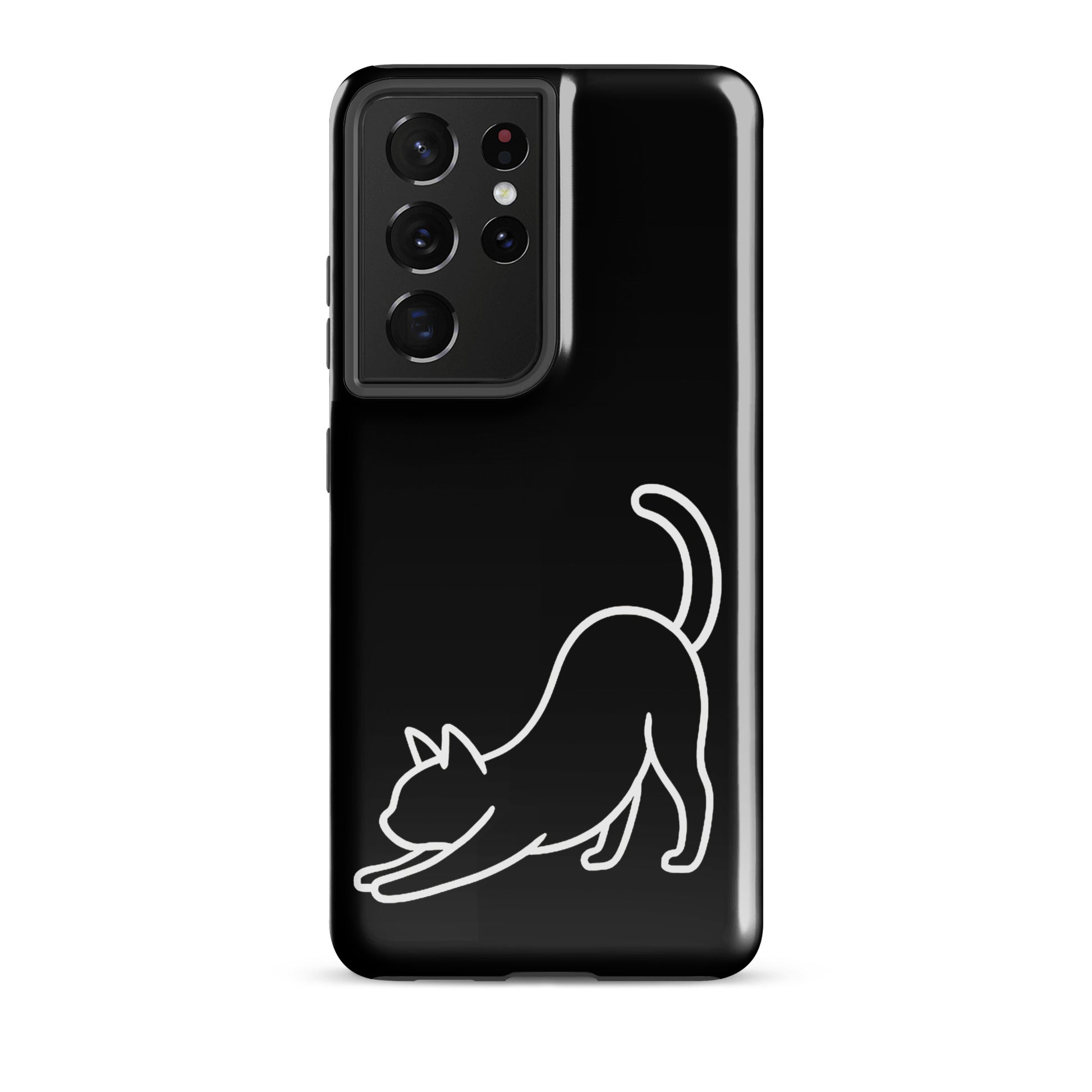Phone Case for Samsung Galaxy with minimalist stretching cat design in black and white, offering impact protection, ideal for cat lovers.
