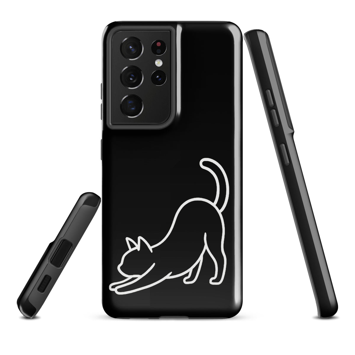 Phone Case for Samsung Galaxy with minimalist black and white stretching cat design, offering impact protection for cat lovers.