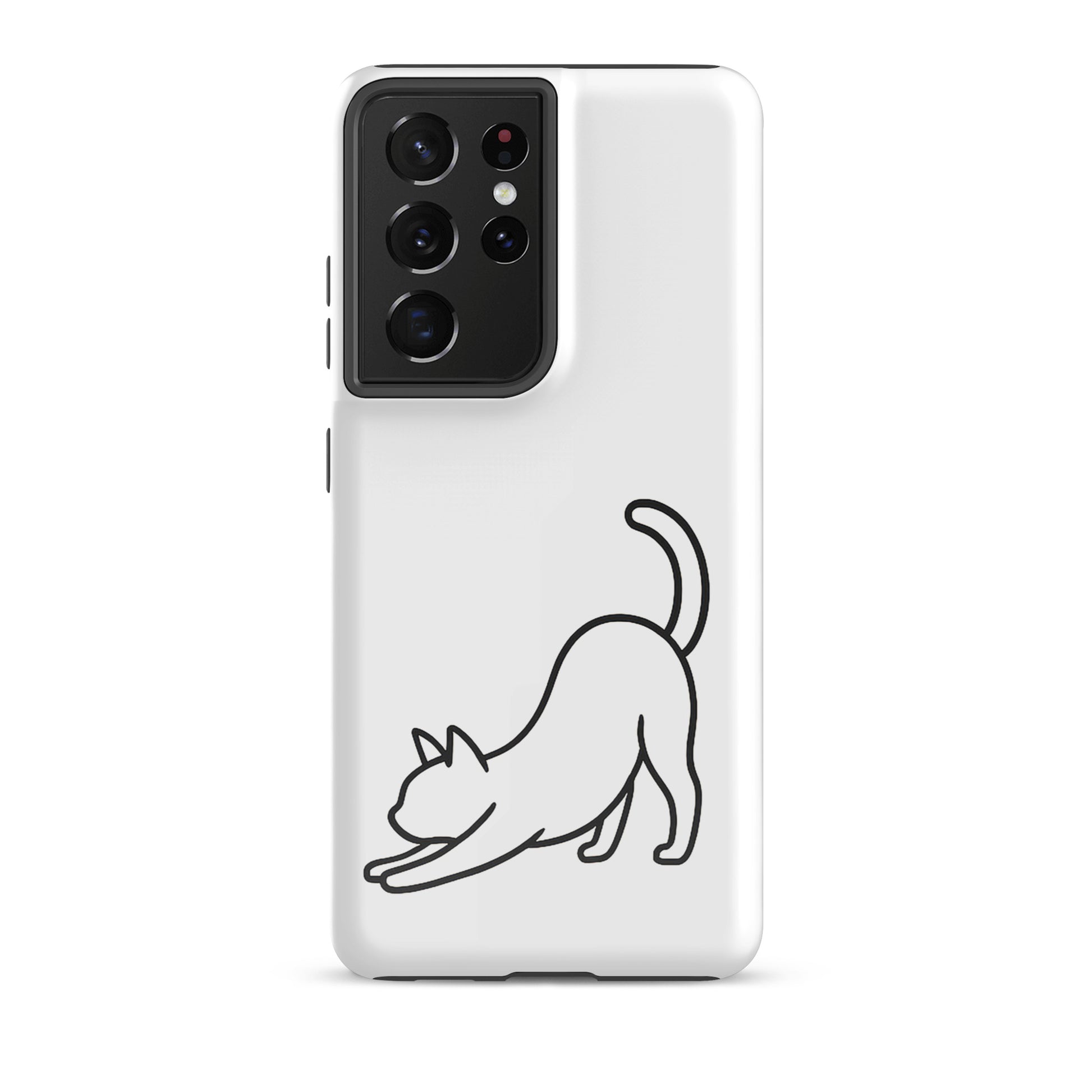 Phone Case for Samsung Galaxy with minimalist stretching cat design in white and black, offering aesthetic appeal and impact protection.