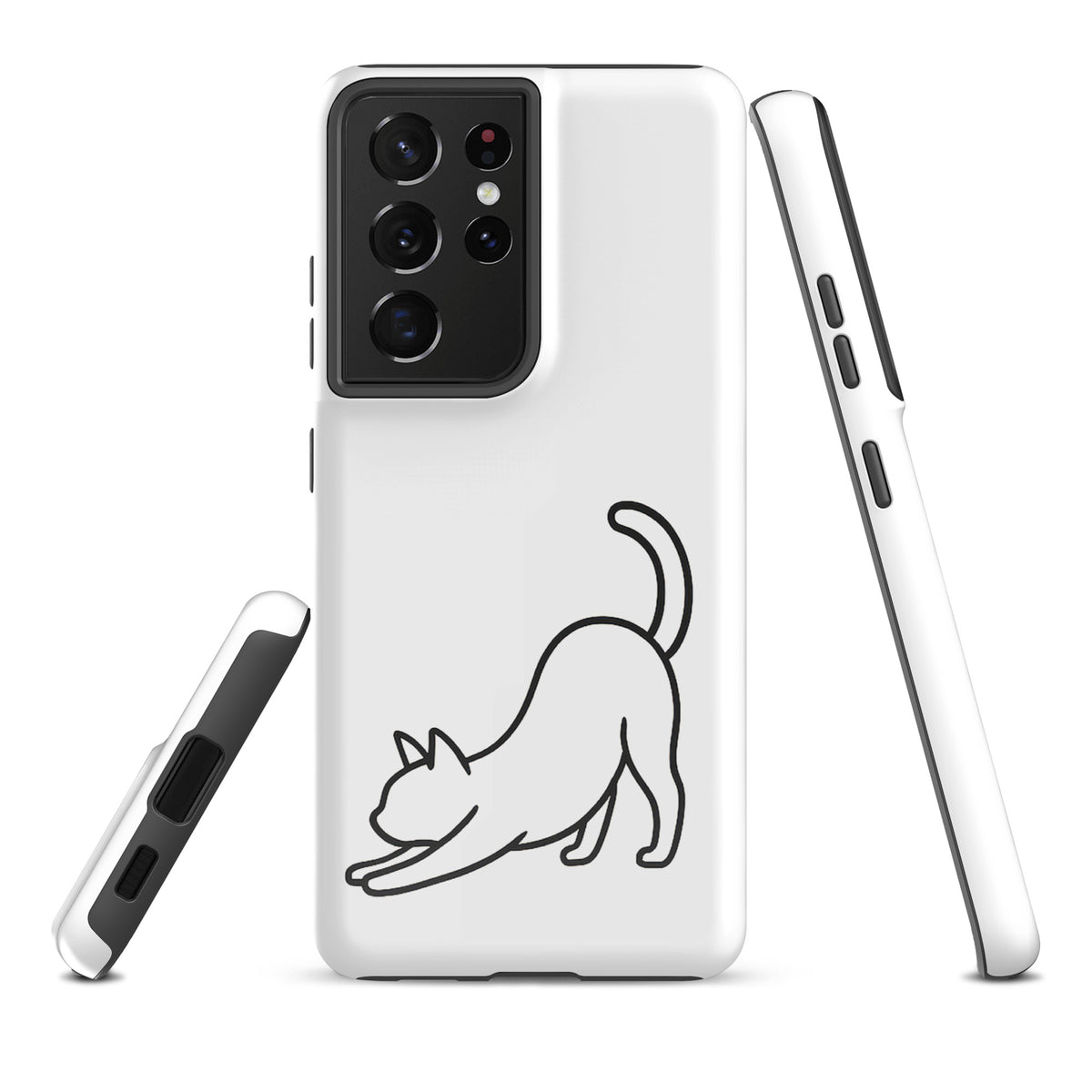 Phone Case for Samsung Galaxy with minimalist stretching cat design in white and black, offering impact protection with a sleek look.