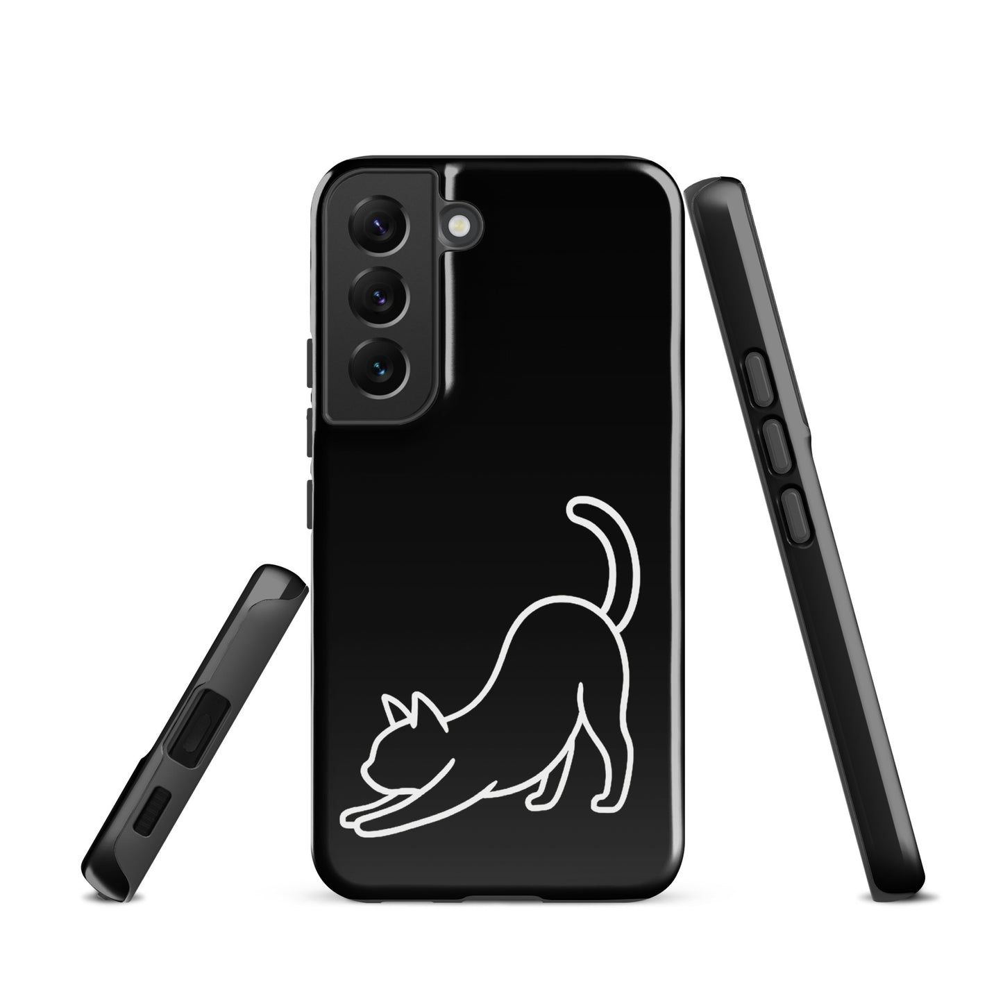 Phone Case for Samsung Galaxy with minimalist cat design in black and white, showcasing a stretching feline on a protective cover.
