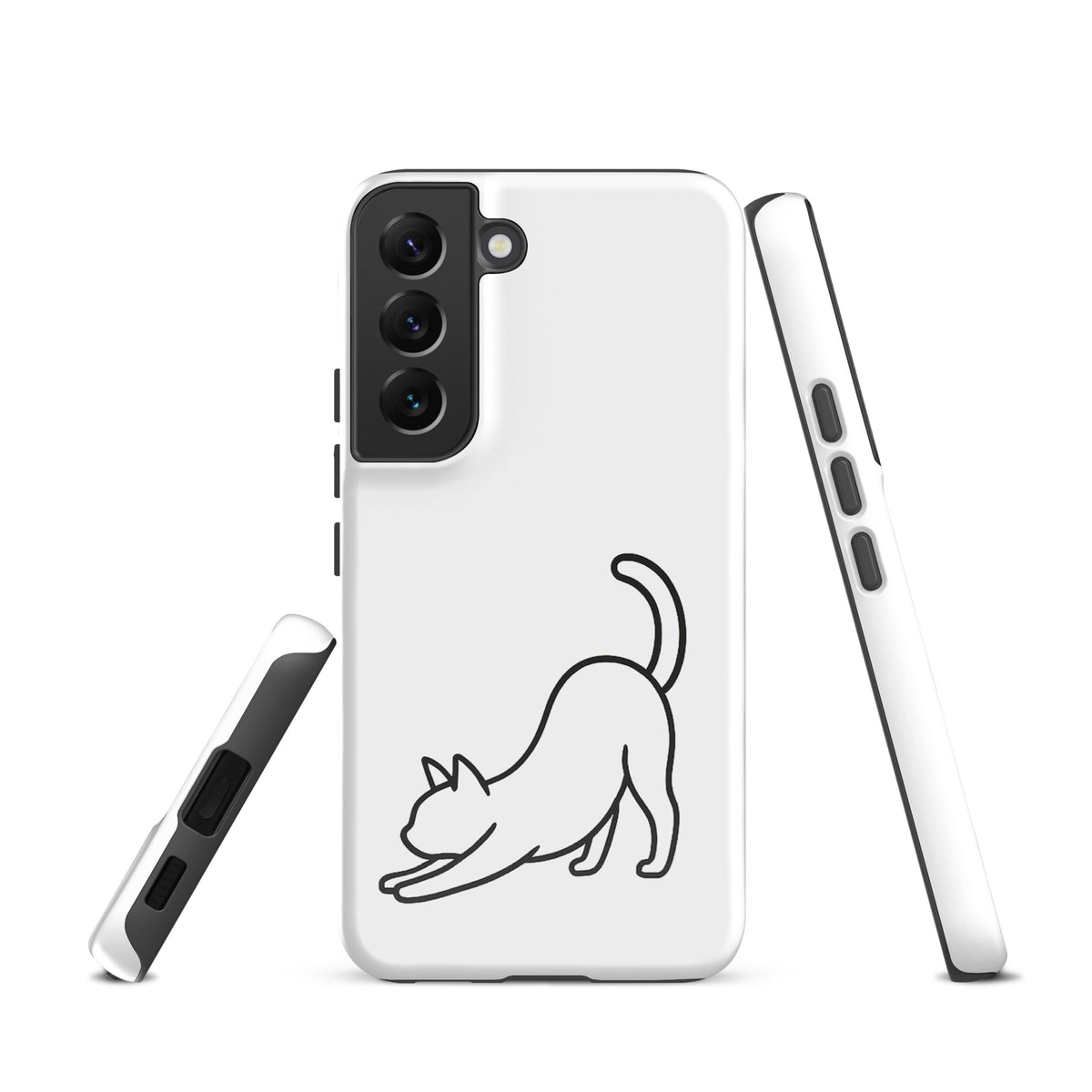 Phone Case for Samsung Galaxy with minimalist stretching cat design in black and white, offering sleek aesthetics and impact protection.