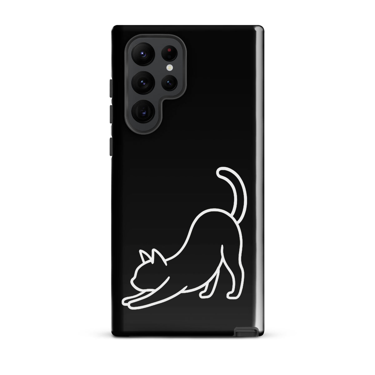 Phone Case for Samsung Galaxy with minimalist stretching cat design in black and white, impact protection for cat lovers.