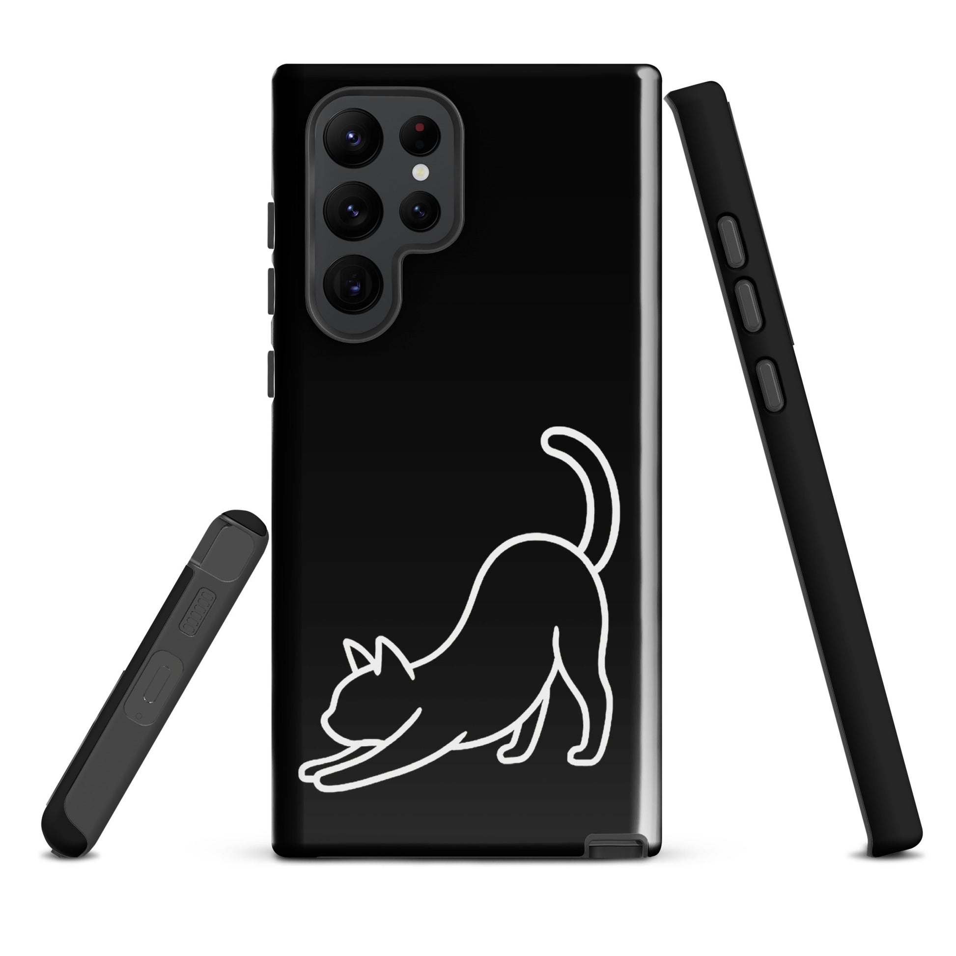 Phone Case for Samsung Galaxy with black and white minimalist stretching cat design, offering sleek protection for device.