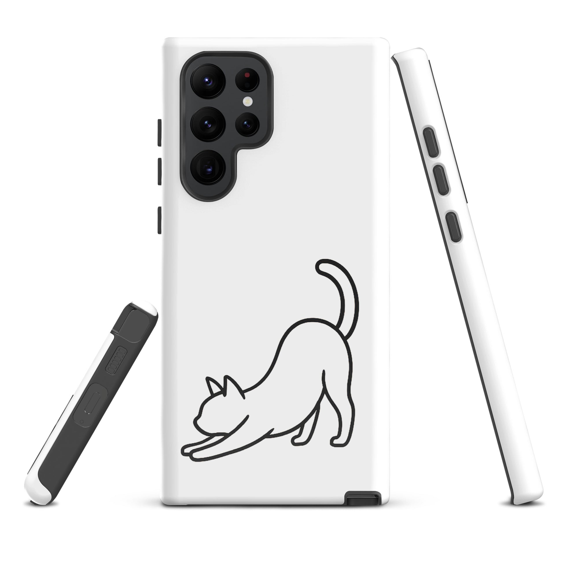 Phone Case for Samsung Galaxy with minimalist stretching cat design in white and black, offering protection and feline style.