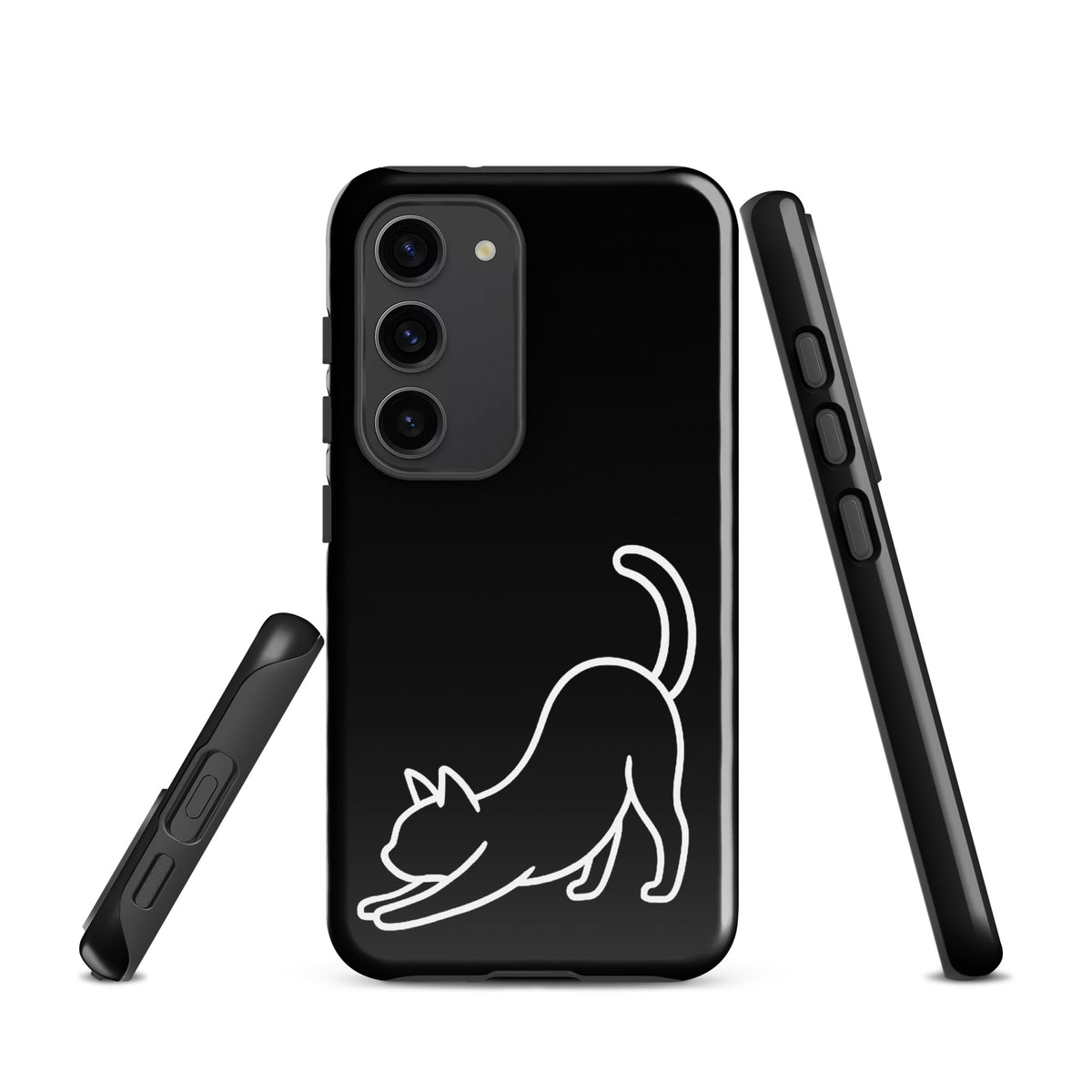 Phone Case for Samsung Galaxy with minimalist stretching cat design in black and white, showcasing impact protection and feline aesthetics.
