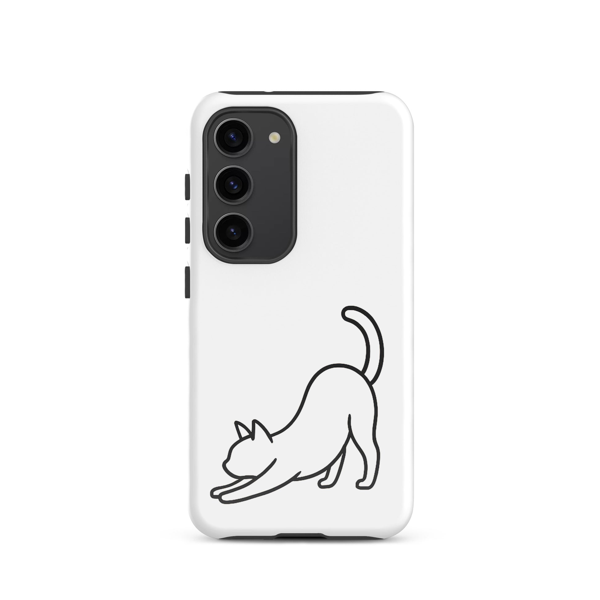 Phone Case for Samsung Galaxy with minimalist stretching cat design in black and white, offering style and protection for cat lovers.