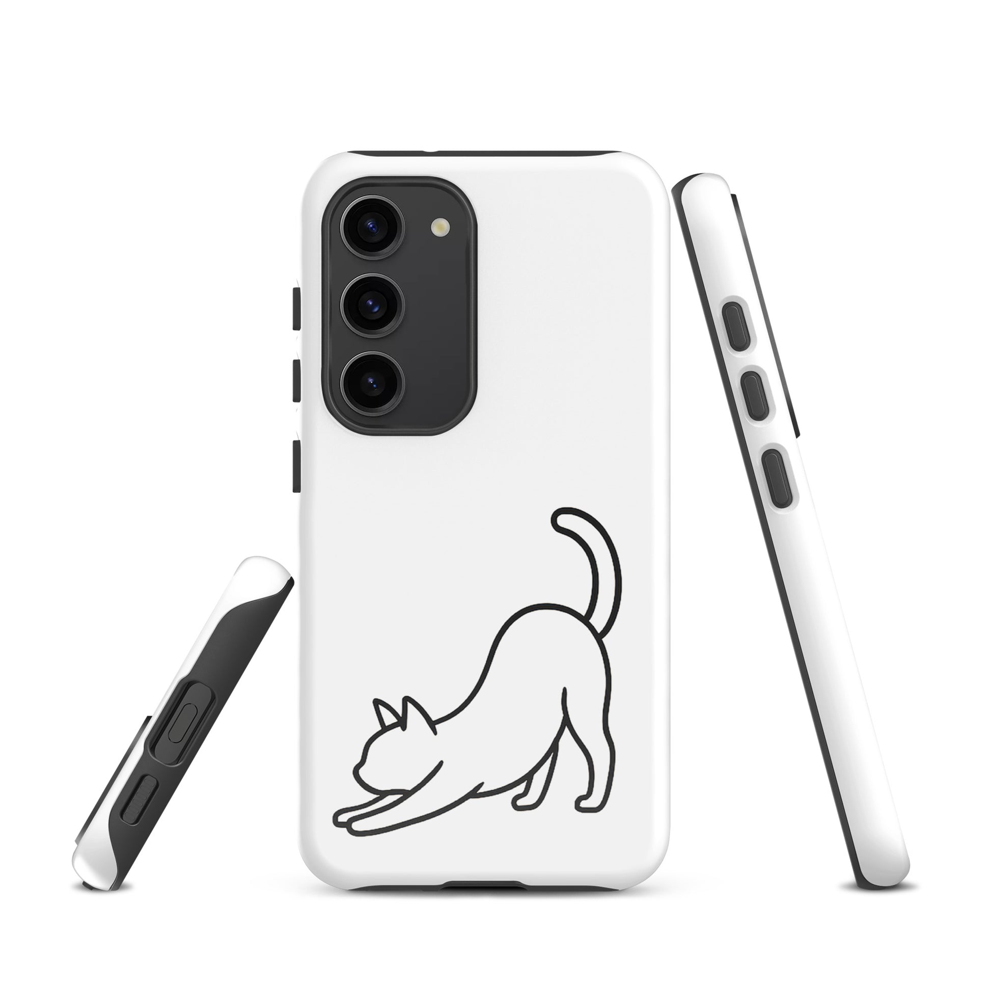 Phone Case for Samsung Galaxy with minimalist stretching cat design in white and black, offering stylish and durable protection.