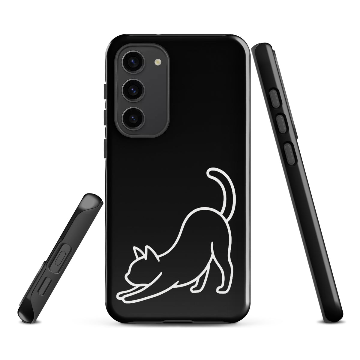 Phone Case with minimalist stretching cat design for Samsung Galaxy in black and white, offering strong impact protection.