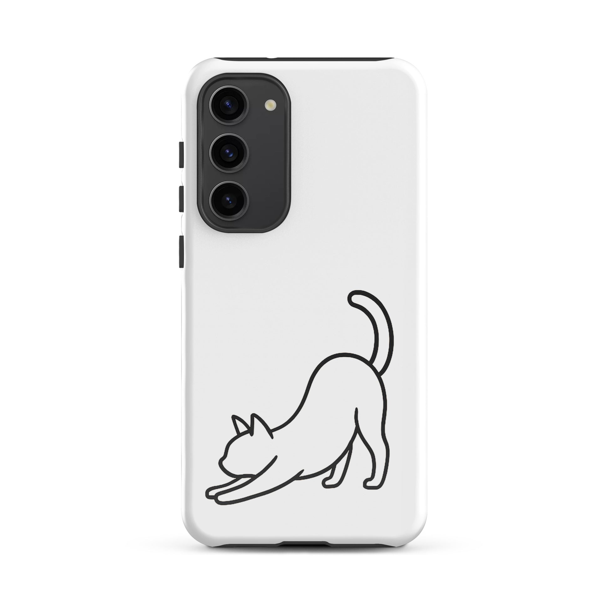 Phone Case for Samsung Galaxy with minimalist stretching cat design in black and white for cat lovers and device protection.