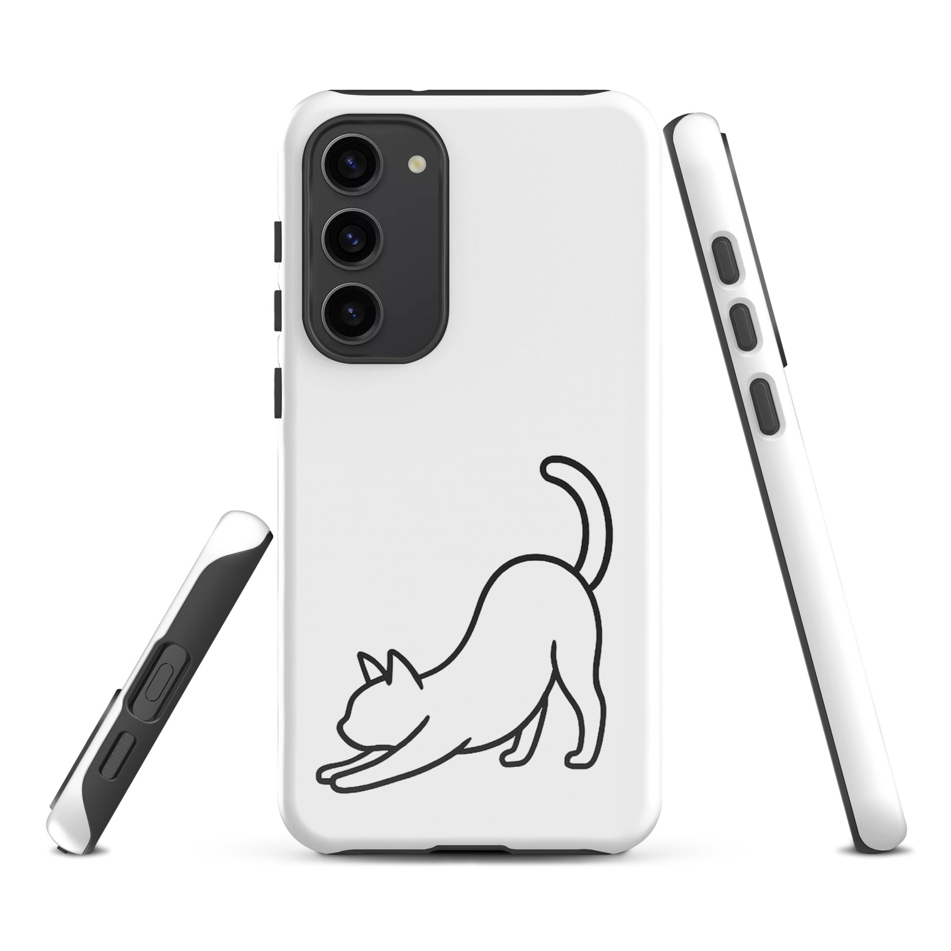 Phone Case for Samsung Galaxy with minimalist stretching cat design. Impact protection, black and white, for cat lovers.