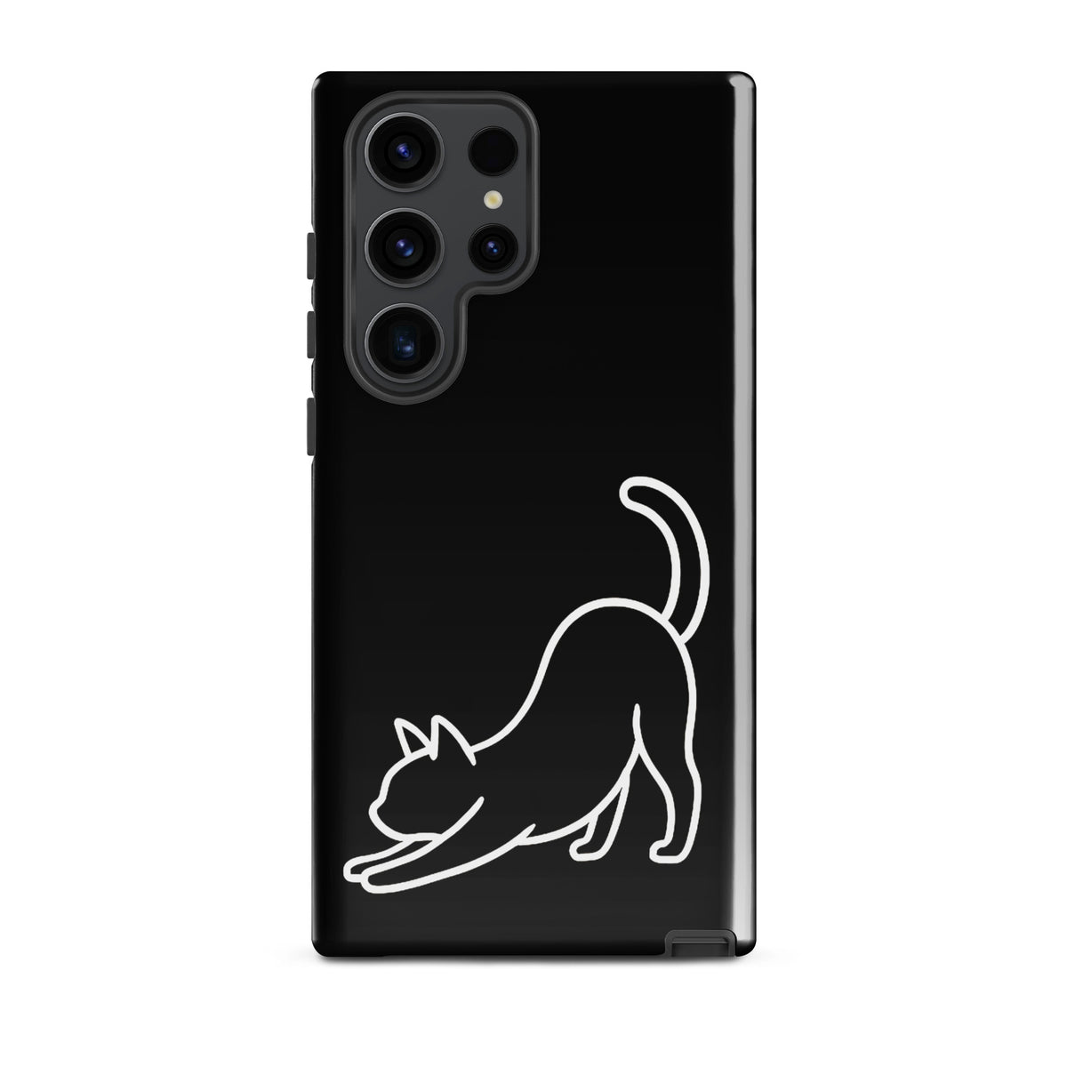 Phone Case for Samsung Galaxy with minimalist stretching cat design in black and white, providing sleek style and device protection.