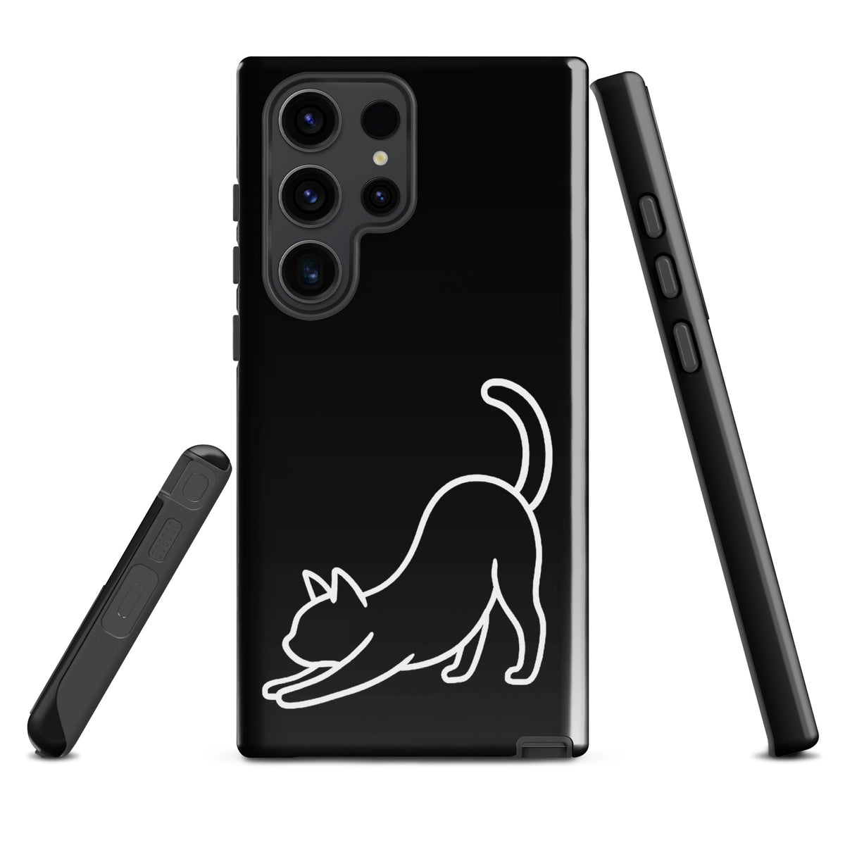 Phone Case for Samsung Galaxy with minimalist stretching cat design in black and white for feline lovers.
