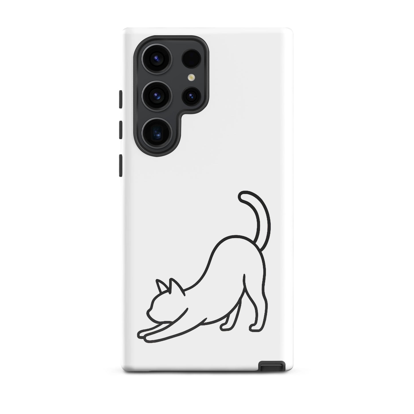 Phone Case for Samsung Galaxy with minimalist stretching cat design in white/black for cat lovers, impact protection and sleek aesthetics.