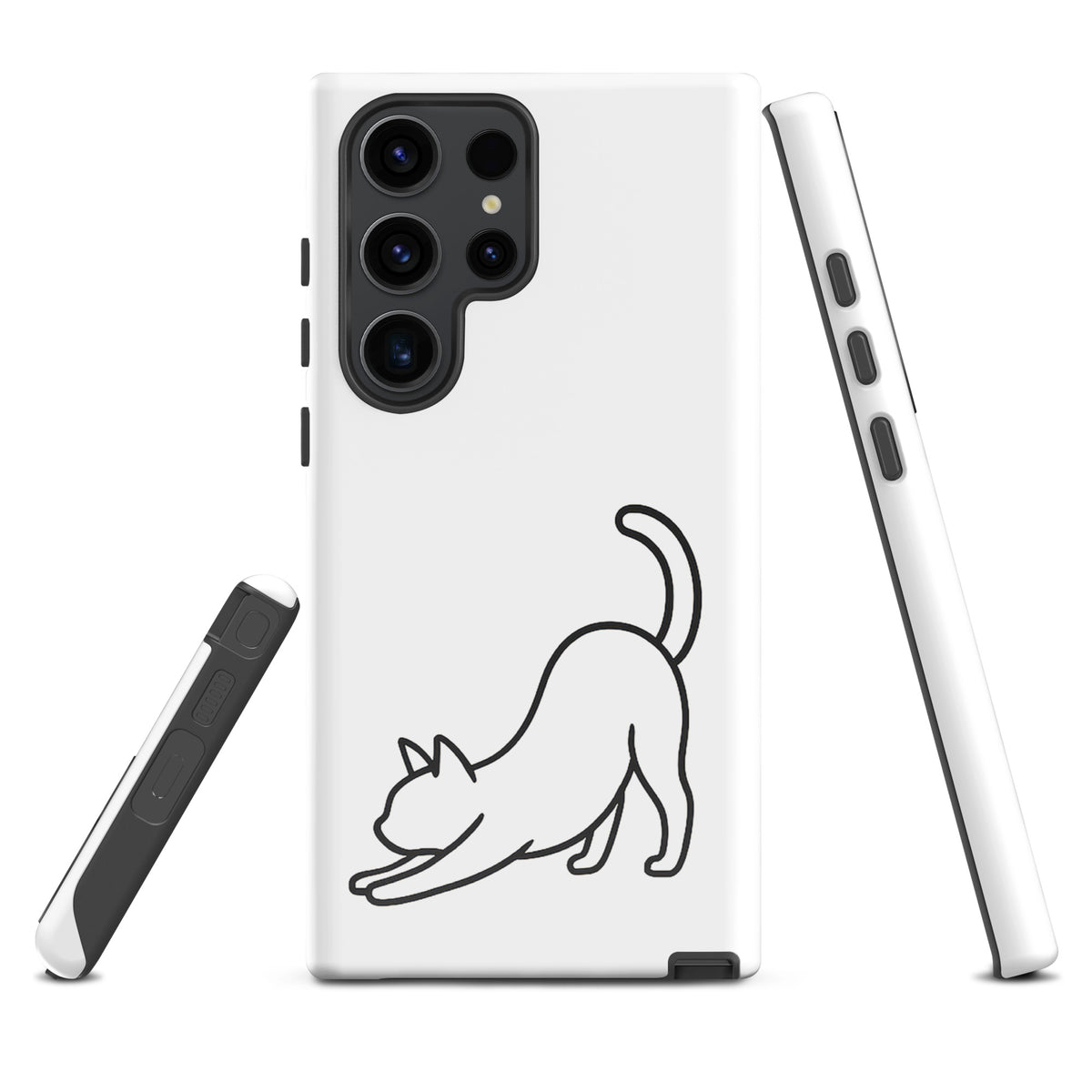 Phone Case for Samsung Galaxy with minimalist stretching cat design in white and black, offering style and impact protection.