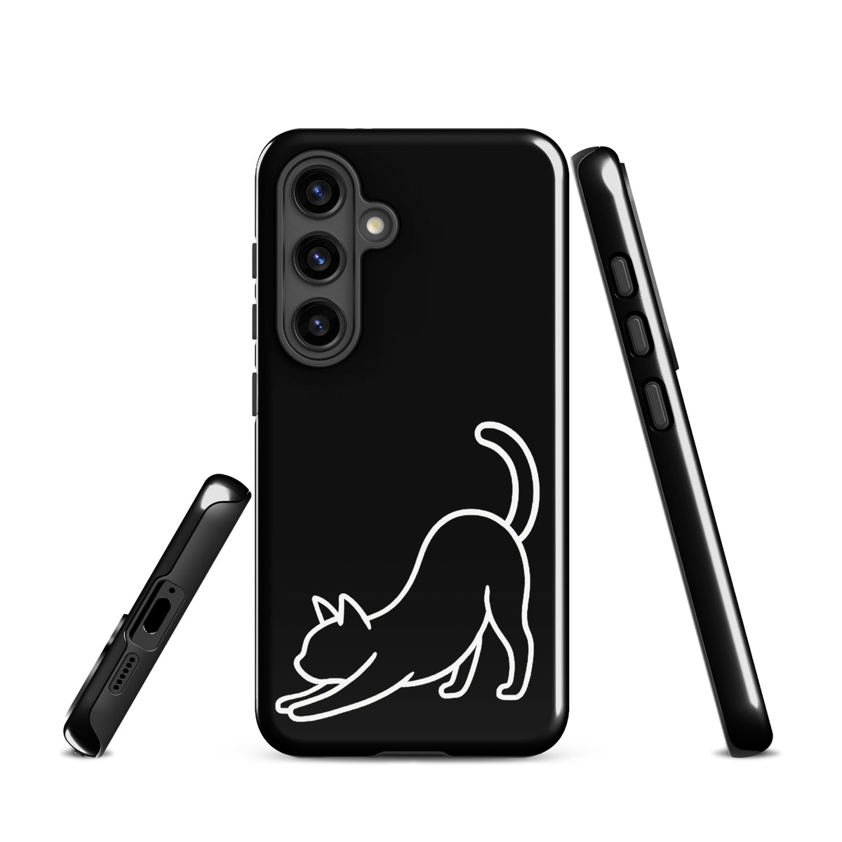 Phone Case for Samsung Galaxy with minimalist stretching cat design in black and white, impact-protective accessory for cat lovers.