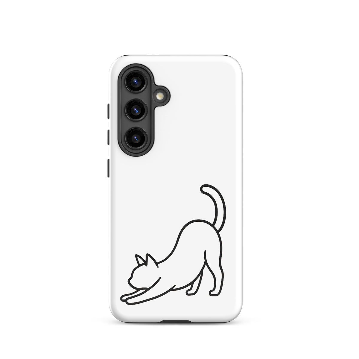 Phone Case for Samsung Galaxy with minimalist stretching cat design in black on white background.