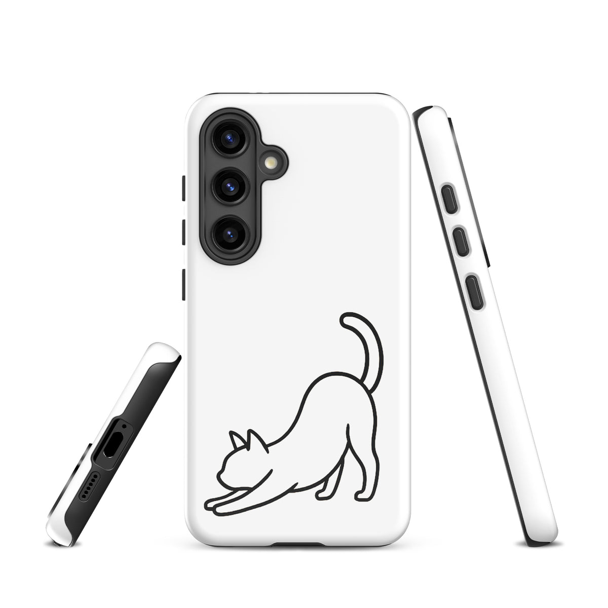 Phone Case for Samsung Galaxy featuring minimalist stretching cat design in white and black, offering sleek aesthetics and impact protection.