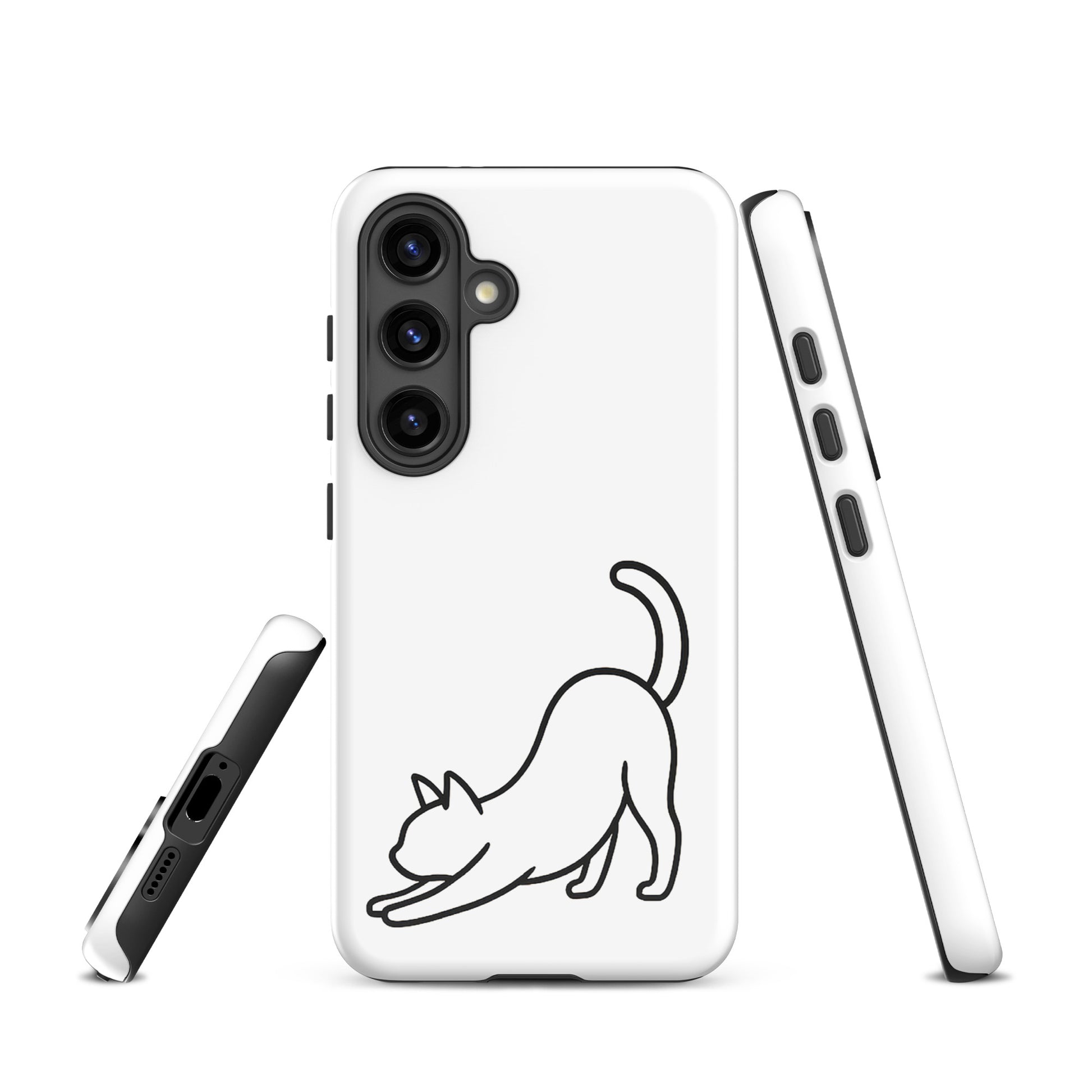 Phone Case for Samsung Galaxy featuring minimalist stretching cat design in white and black, offering sleek aesthetics and impact protection.