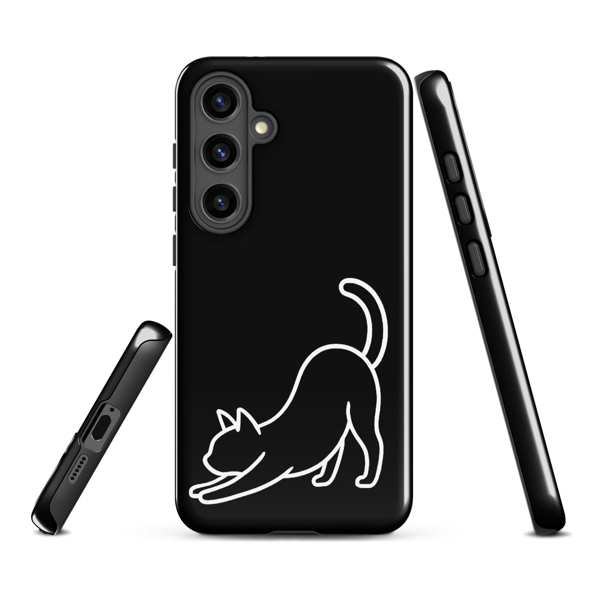 Phone Case for Samsung Galaxy with minimalist stretching cat design in black and white, offering stylish protection for cat lovers.