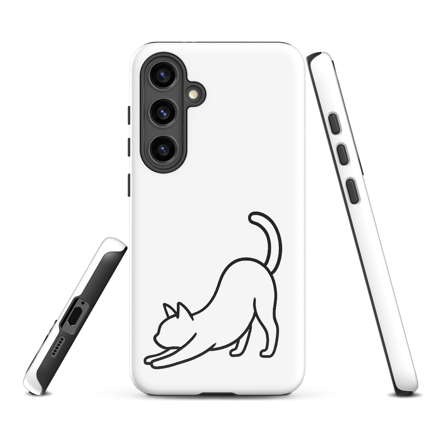 Phone Case for Samsung Galaxy with minimalist stretching cat design, impact protection, white and black color scheme.
